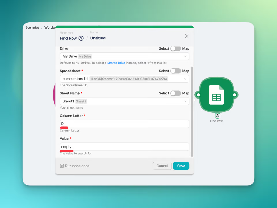 Illustration of configuration nodes to add, find and update rows in your scenario